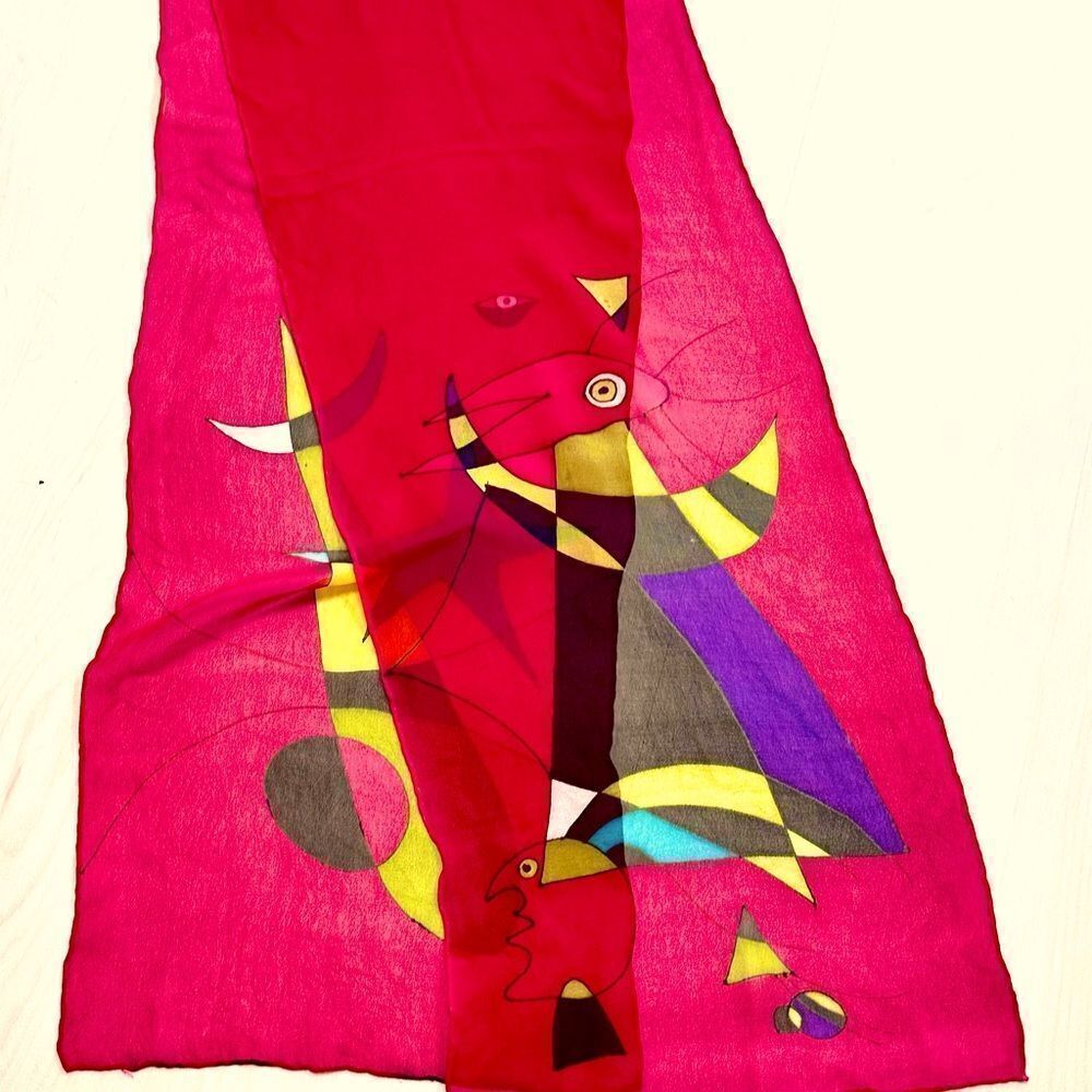 Hand painted red silk chiffon abstract modernist scarf 12” x 68”